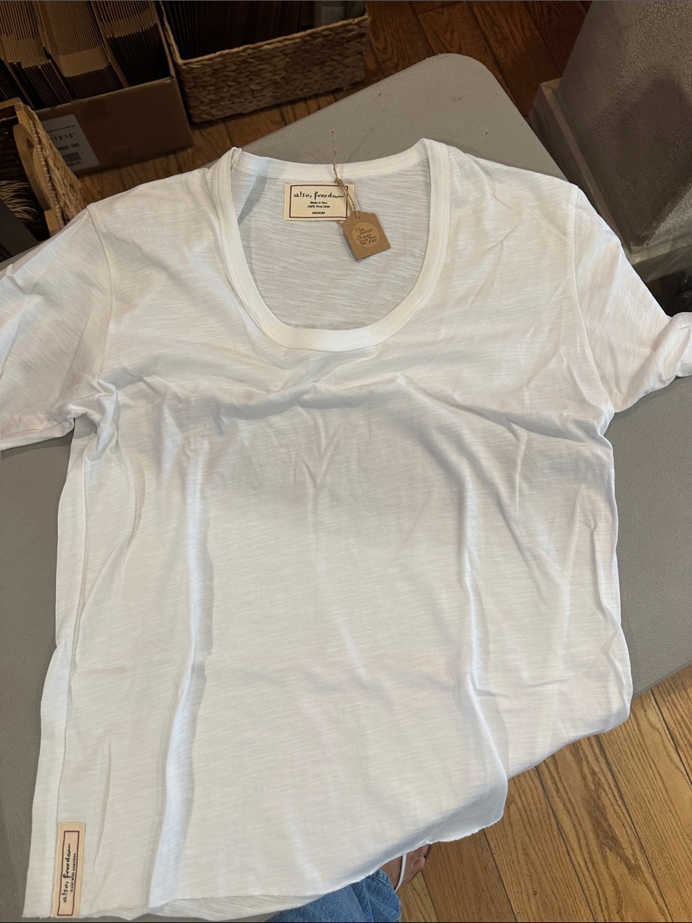 White Crewneck slub cotton Women’s Tee by Also, freedom